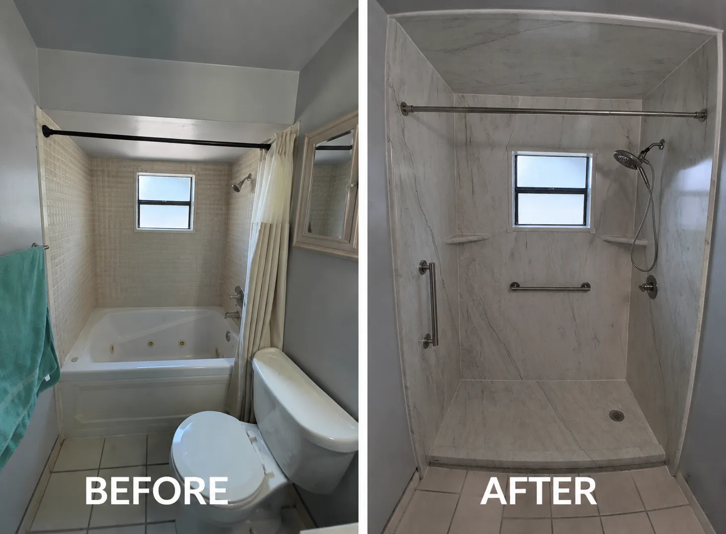 Before and after tub-to-shower conversion replacing a jetted tub with a marble-look walk-in shower in Central Florida