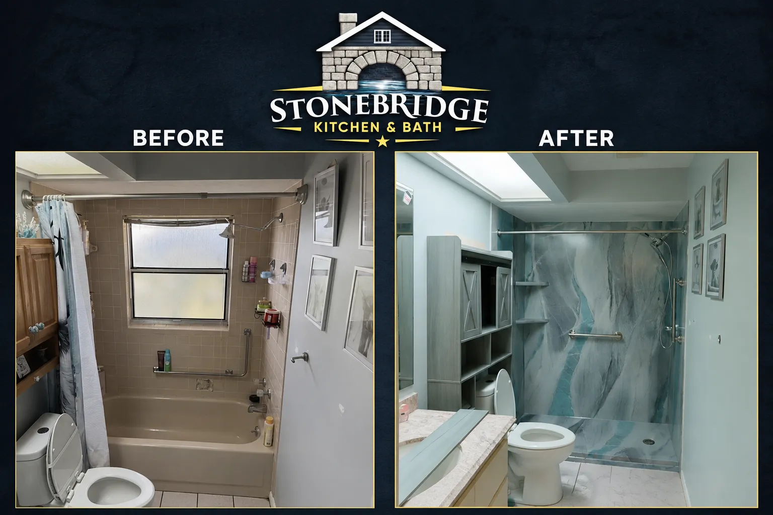 Before and after tub-to-shower conversion with blue marble-look walls in Central Florida